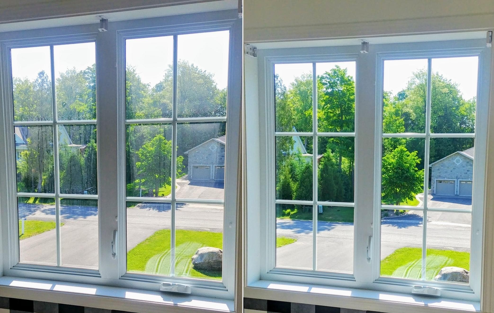 Technicien MrBen en lavage de vitres extérieures sur une maison résidentielle