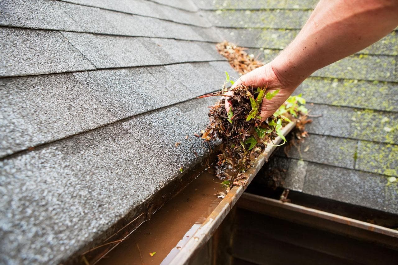 Technicien enlevant les feuilles des gouttières sur une maison résidentielle